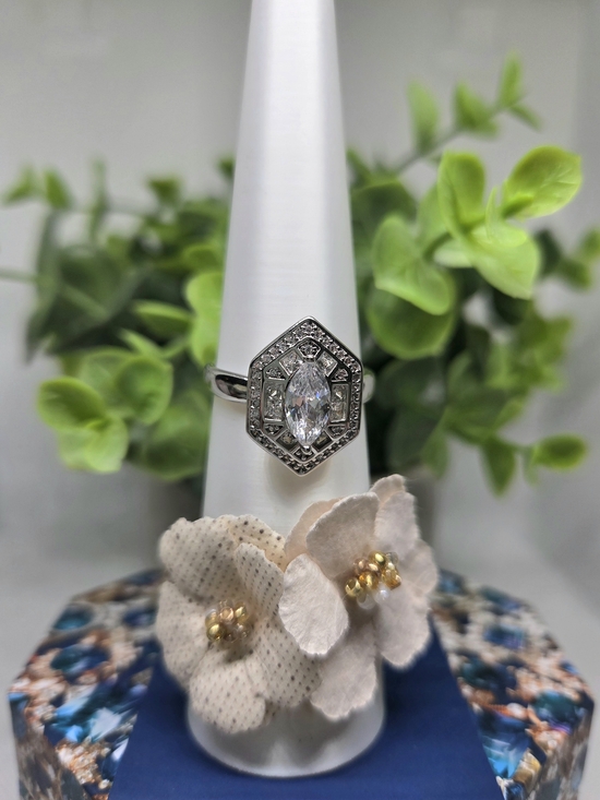 Jewelry - Marquise Halo Silver Tone Ring with Geometric Accent